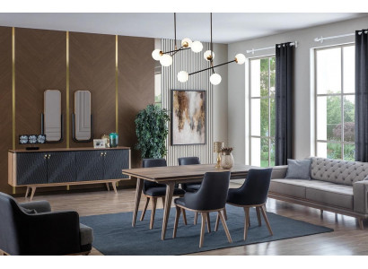 Luxus Esszimmer Set Esstisch + 4x Stühle + Anrichte mit 2x Spiegel Neu