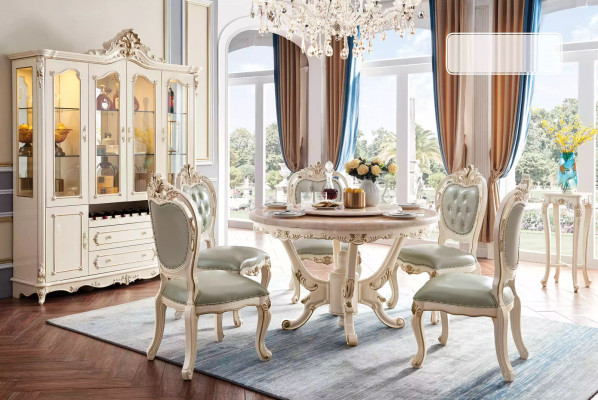 Perlweiß Esszimmer Set Esstisch 6x Stühle Vitrine 8tlg Luxus-Set