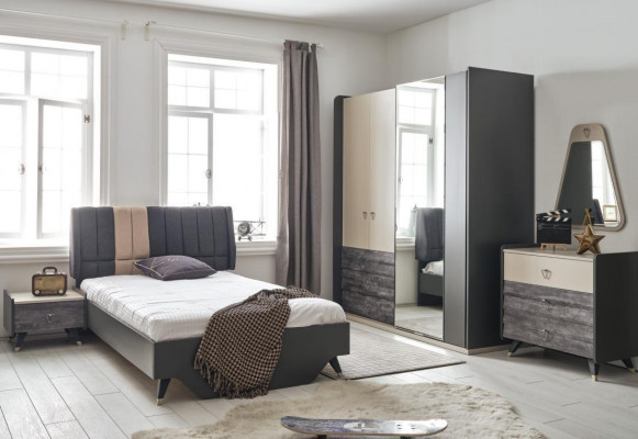 Luxuriöses graues Schlafzimmer Set Jugendzimmer Kinderzimmer 7tlg Bett