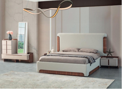 Stilvolle Beige Schlafzimmer Möbel Polster Doppelbett Schminktisch 5tlg