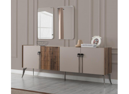 Moderne Beige Garnitur Luxus Sideboard 2x Spiegel Holzmöbel Anrichte