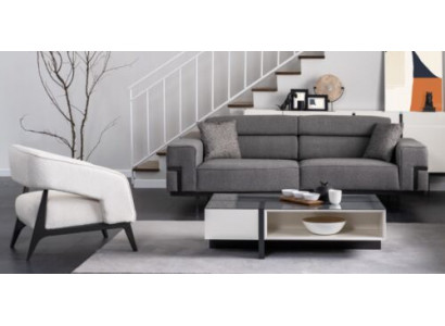 Grau-Weiße Polster Garnitur Wohnzimmer 3-Sitzer Sessel Holz Couchtisch