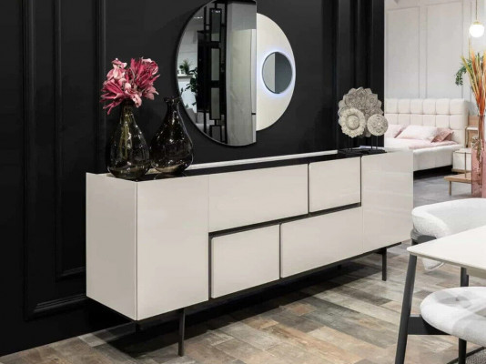 Weiß-Schwarze Esszimmer Anrichte Spiegel Luxus Wandkommode 2tlg Set