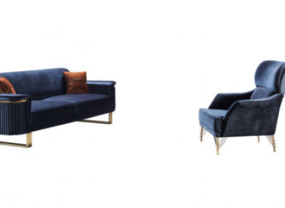 Blaues Wohnzimmer Set Designer 3-Sitzer Polstersessel Luxus Möbel 2tlg