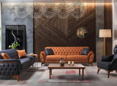 Schwarz-Orange Chesterfield Sofagarnitur Wohnzimmer Couchen Sessel 4tlg