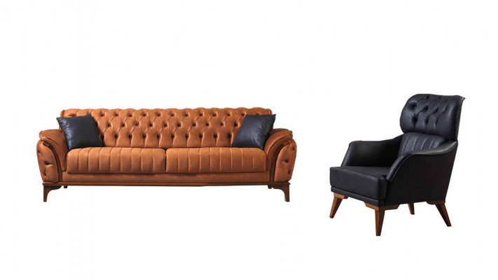 Orange-Schwarze Chesterfield Garnitur Luxuriöser Dreisitzer Sessel 2tlg