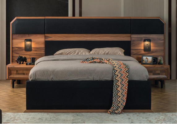 Braun-Schwarze Holz Schlafzimmer Garnitur Doppelbett 2x Nachttische 3tlg