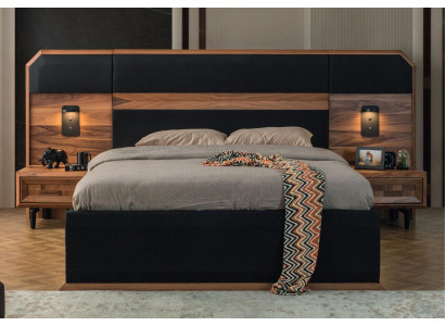 Braun-Schwarze Holz Schlafzimmer Garnitur Doppelbett 2x Nachttische 3tlg