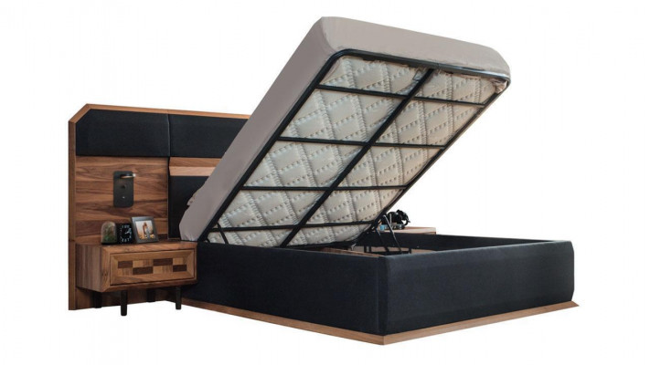 Braun-Schwarze Holz Schlafzimmer Garnitur Doppelbett 2x Nachttische 3tlg