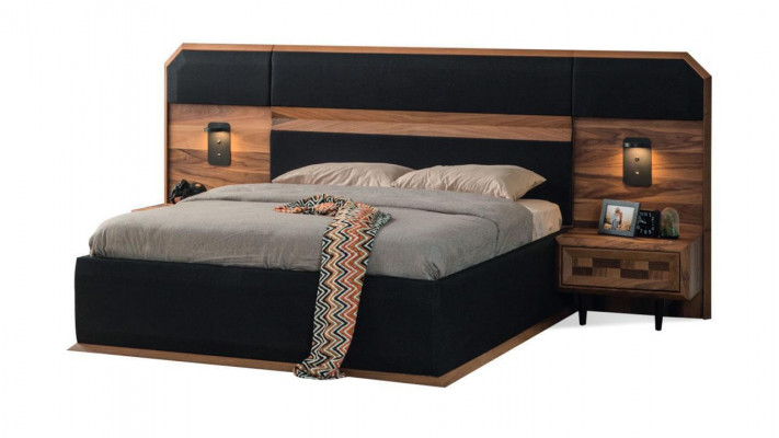 Braun-Schwarze Holz Schlafzimmer Garnitur Doppelbett 2x Nachttische 3tlg