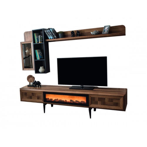 Braune Wohnzimmer Wandgarnitur Designer TV-Ständer RTV Holz Regale LED