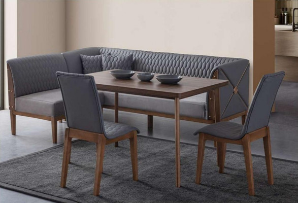 Stilvolle Graue Esszimmer Garnitur Brauner Esstisch 2x Sitzstühle Bank