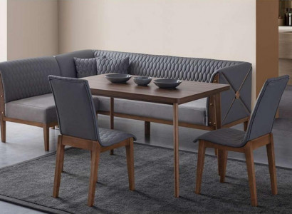 Stilvolle Graue Esszimmer Garnitur Brauner Esstisch 2x Sitzstühle Bank