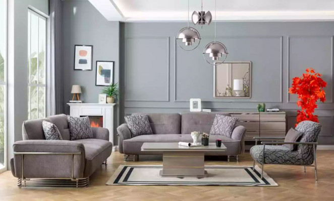 Sofa 3 Sitzer Textil Wohnzimmer Design Modern Neu Luxus weiß grau