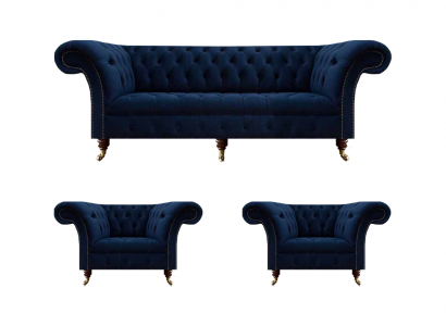 Wohnzimmer Set 3tlg Chesterfield Blau Luxus Dreisitzer Sofa 2x Sessel Neu