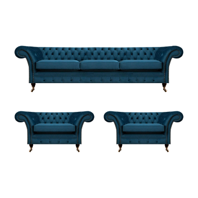 Luxus Blau Wohnzimmer Set Chesterfield Einrichtung Polstermöbel Sofas Textil