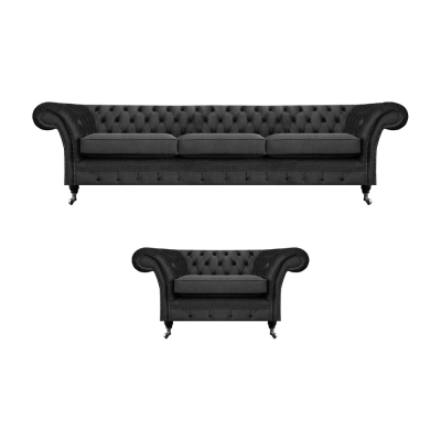 Wohnzimmer Polstermöbel Schwarz Dreisitze Sofa 3+1 Sessel Chesterfield