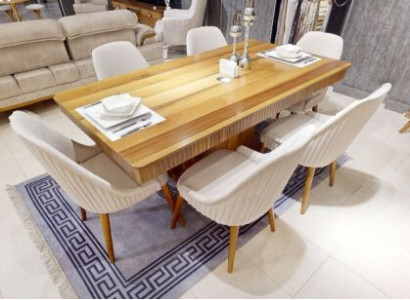 Hellbrauner Holztisch Designer Esszimmer Möbel 6x Weiße Polsterstühle