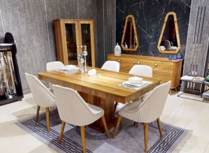 Exklusive Hellbraue Esszimmer Garnitur Holz Esstisch 6x Stühle Anrichte