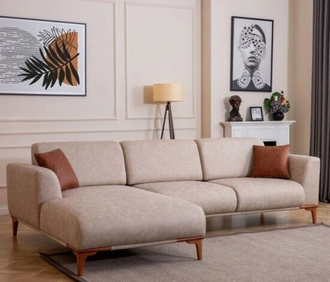 Beiges L-Form Ecksofa Wohnzimmer Designer Couch Luxuriöse Sitzmöbel Neu