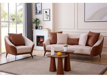 Braun-Beige Wohnzimmer Sofagarnitur Designer Dreisitzer Luxus Sessel