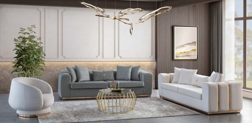 Grau-Weißes Wohnzimmer Sitzset Luxuriöse Polster Couchen 4 Sitzer Sessel