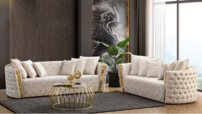 Komplette Beige Chesterfield Sitzgarnitur 3-Sitzer Polster 2-Sitzer 2tlg