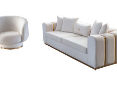 Weißes Wohnzimmer Sofa Set Polstermöbel 4-Sitzer Textil Lehnsessel 2tlg