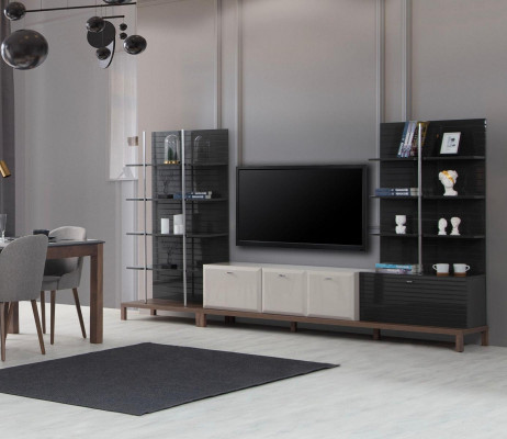 Designer Esszimmer Set Holztisch 4x Polsterstühle Designer TV Anrichte