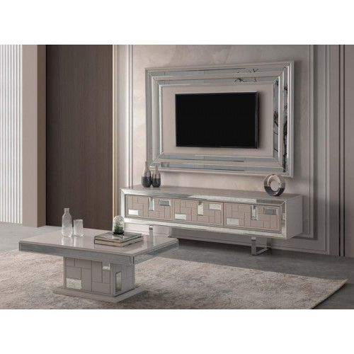 Luxus Wohnwand TV Ständer Wandpanel Couchtisch RTV Lowboard 3tlg Weiß