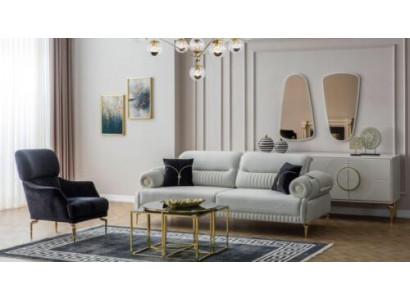 Gruppe Sofas Dreisitzer Sessel Couch Polstersofa Stoffsofa Blau 2tlg