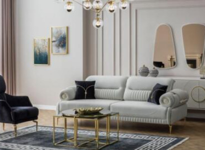 Gruppe Sofas Dreisitzer Sessel Couch Polstersofa Stoffsofa Blau 2tlg