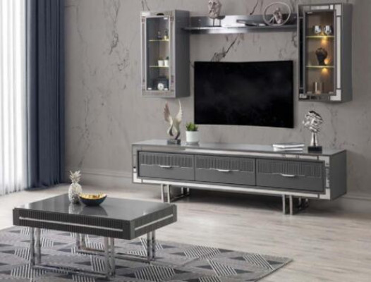 Wohnwand TV Ständer Schranke Couchtisch RTV Lowboard Grau Set 3tlg