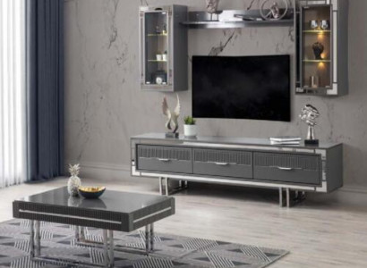Wohnwand TV Ständer Schranke Couchtisch RTV Lowboard Grau Set 3tlg