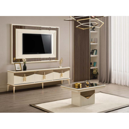 Luxus Wohnwand TV Ständer Wandpanel Wohnzimmer RTV Lowboard Gold