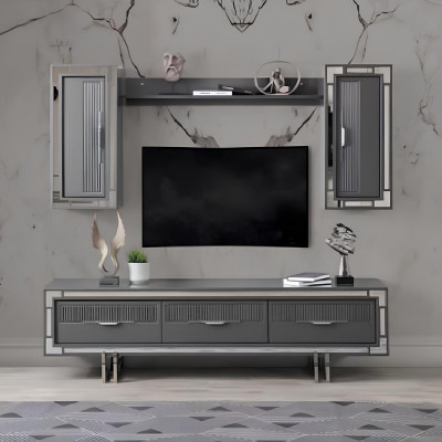 Wohnwand TV Ständer Schranke Couchtisch RTV Lowboard Grau Set 3tlg