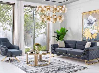 Blaue Wohnzimmer Sitzgarnitur Designer Ecksofa Luxus Moderner Sessel