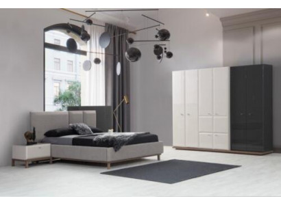 Grau-Weiße Schlafzimmer Garnitur Doppelbett Nachttische Kleiderschrank