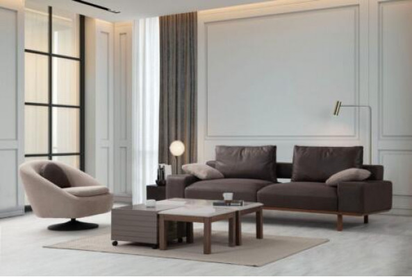 Braun-Beige Wohnzimmer Sitzgarnitur Designer 3-Sitzer Sessel Couchtisch