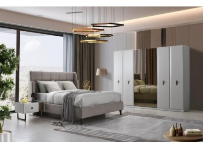Weiß-Beige Schlafzimmer Möbel Polsterbett Holz Nachttische Schrank 4tlg