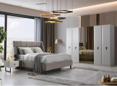 Weiß-Beige Schlafzimmer Möbel Polsterbett Holz Nachttische Schrank 4tlg