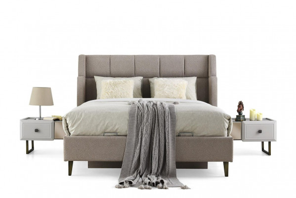 Weiß-Beige Schlafzimmer Möbel Polsterbett Holz Nachttische Schrank 4tlg