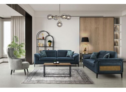 Moderne Blaue Sofagarnitur Dreisitzer Stoffcouchen Polster Sessel 3tlg