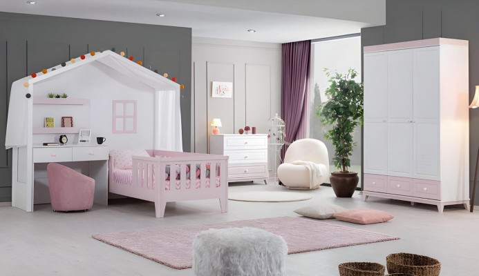 Modern Mehrfarbig Kinderzimmer Garnitur Kinderbett mit Schreibtisch neu