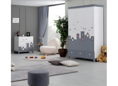 Komplett Mehrfarbig Kinderzimmer Set Kleiderschrank Kommode Helles 2tlg Neu