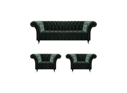 Wohnzimmer Luxus Komplett Schwarz Sofa Dreisitzer Textil 2x Sessel Chesterfield