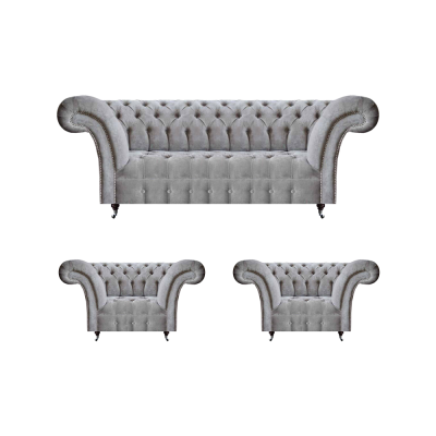 Grau Sofagarnitur 3tlg 2x Sessel Polstermöbel Dreisitzer Sofa Chesterfield