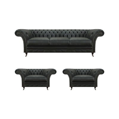 Luxus Schwarz Wohnzimmer Set 3tlg Chesterfield 2x Sessel Dreisitzer Sofa