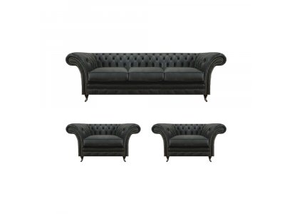 Luxus Schwarz Wohnzimmer Set 3tlg Chesterfield 2x Sessel Dreisitzer Sofa