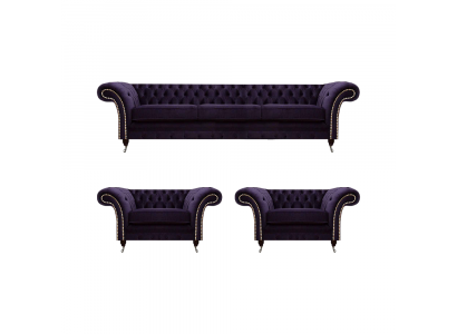 Wohnzimmer Luxus Set 3tlg Einrichtung Lila Komplett Polstermöbel Chesterfield